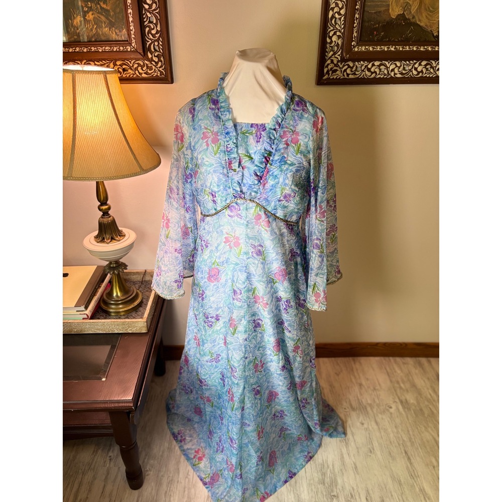 Vintage‎ 60s Mad Men flower Dress Set, Sheer Layered Gown Bell Sleeve S/M - Picture 9 of 16